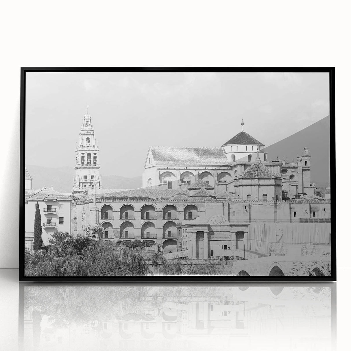 Large abstract wall art depicting a mosque in muted earth tones on a framed acrylic, suitable for modern living room decor.