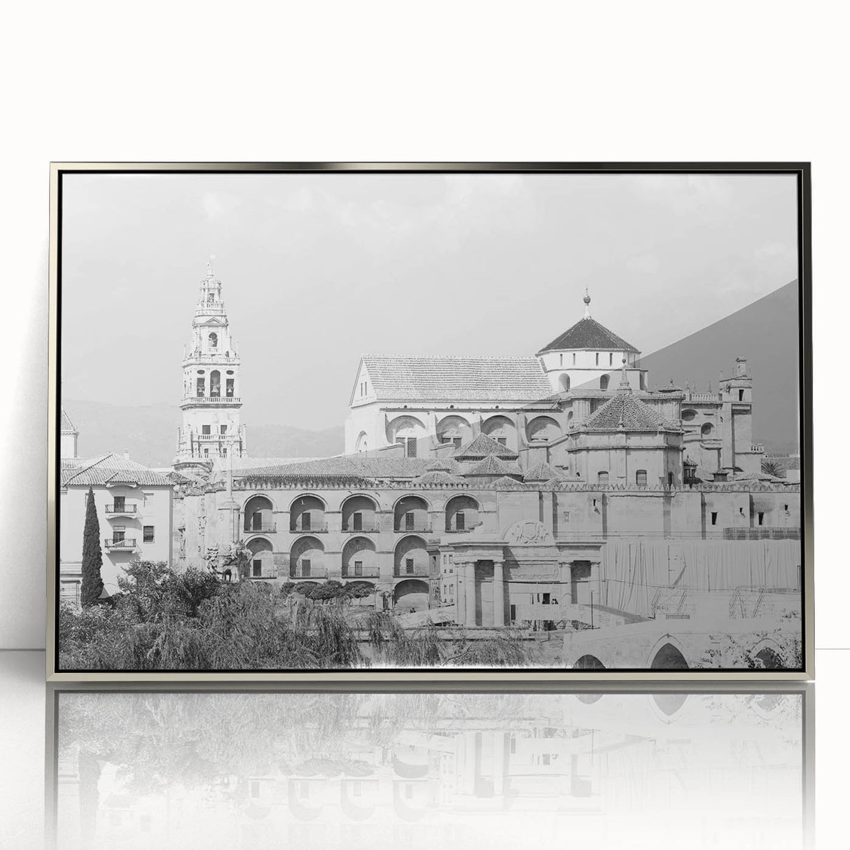 Art deco poster featuring a stylized mosque design in silver and gray tones on a framed acrylic.