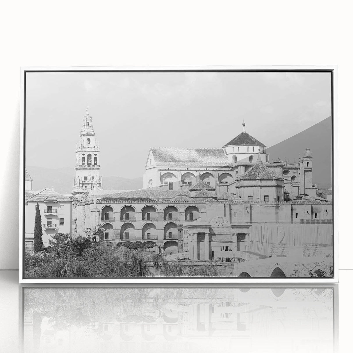 Mid-century modernist mosque design in muted colors on a white framed acrylic, suitable for modern art wall decor.