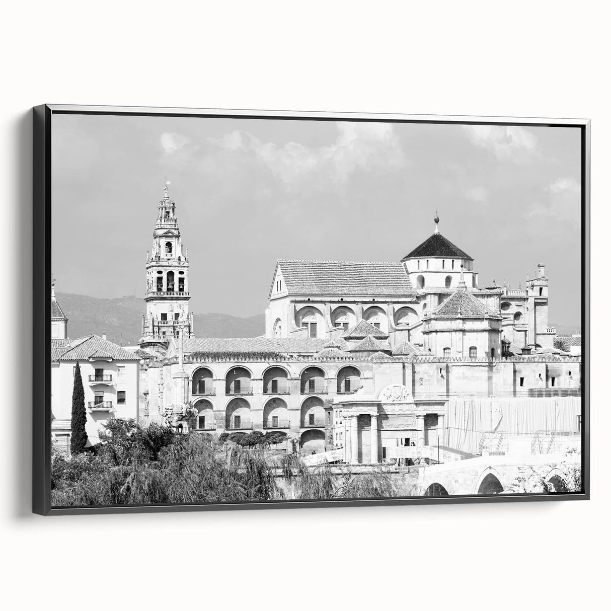 Framed canvas featuring a black and white vintage poster of a mosque landscape, ideal for bedroom wall art.