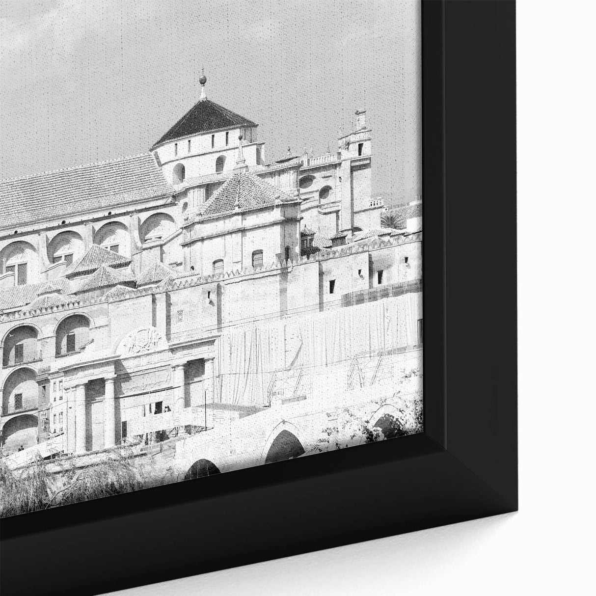 Extra large framed canvas featuring a textured, colorful mosque design on a black background, ideal for living room decor.