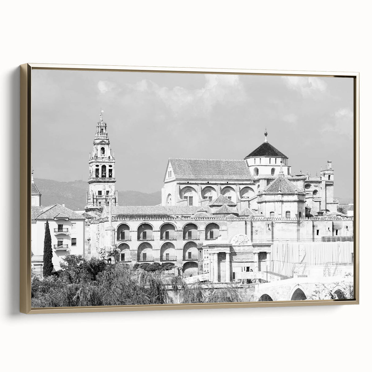 Framed canvas depicting a vintage mosque landscape in muted gold and black tones, suitable for living room or study.