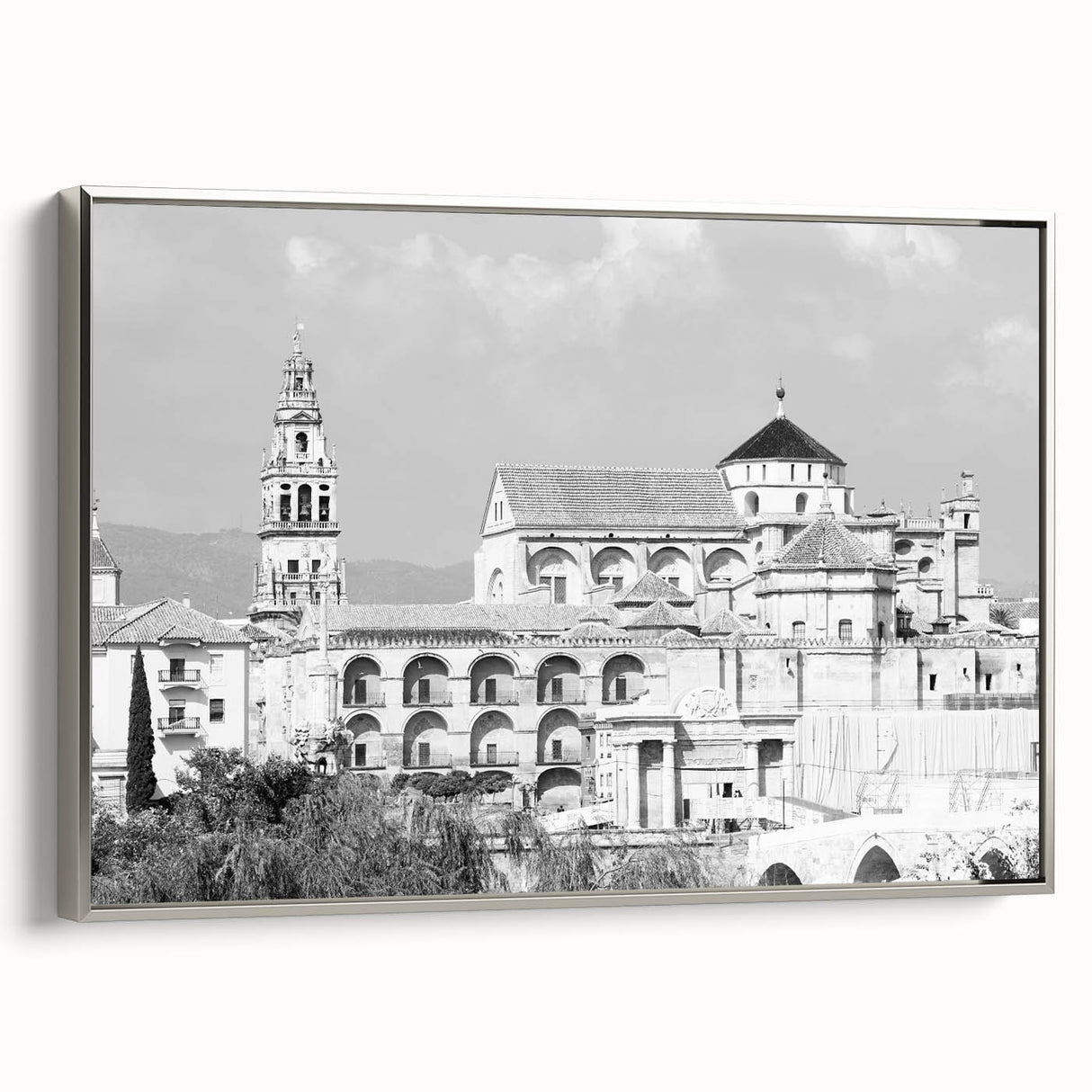 Vintage poster art of a mosque in vibrant colors on a large framed canvas, suited for living room decor.