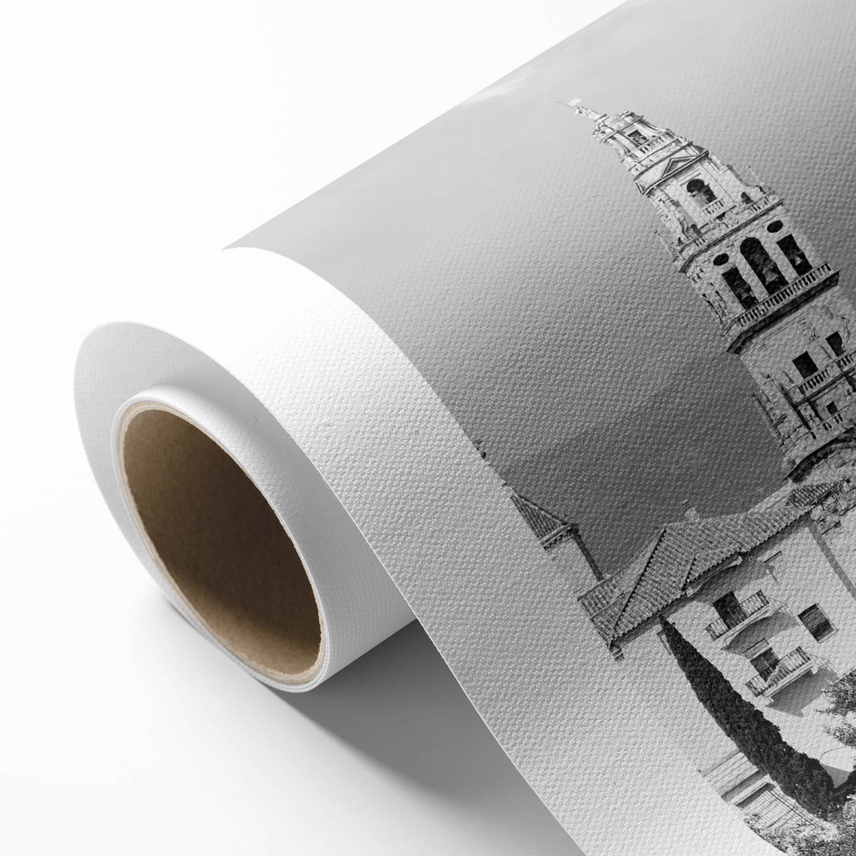 Art Deco-style mosque illustration in pastel shades on rolled canvas, ideal for nursery wall art or dining room decor.