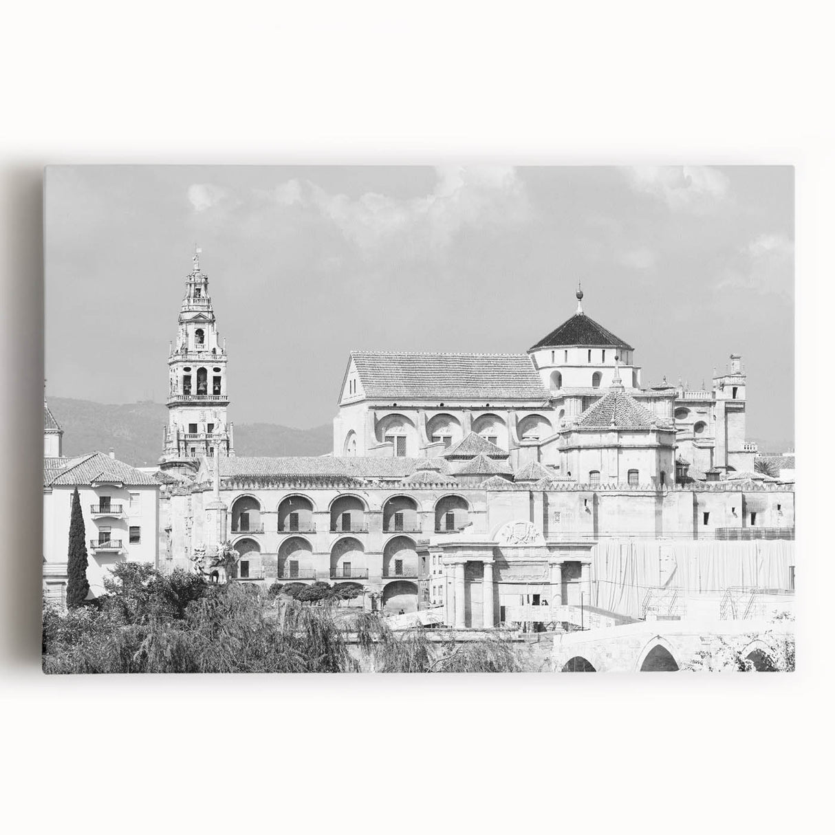 Black and white stretched canvas of a mosque design, ideal for kitchen wall art.