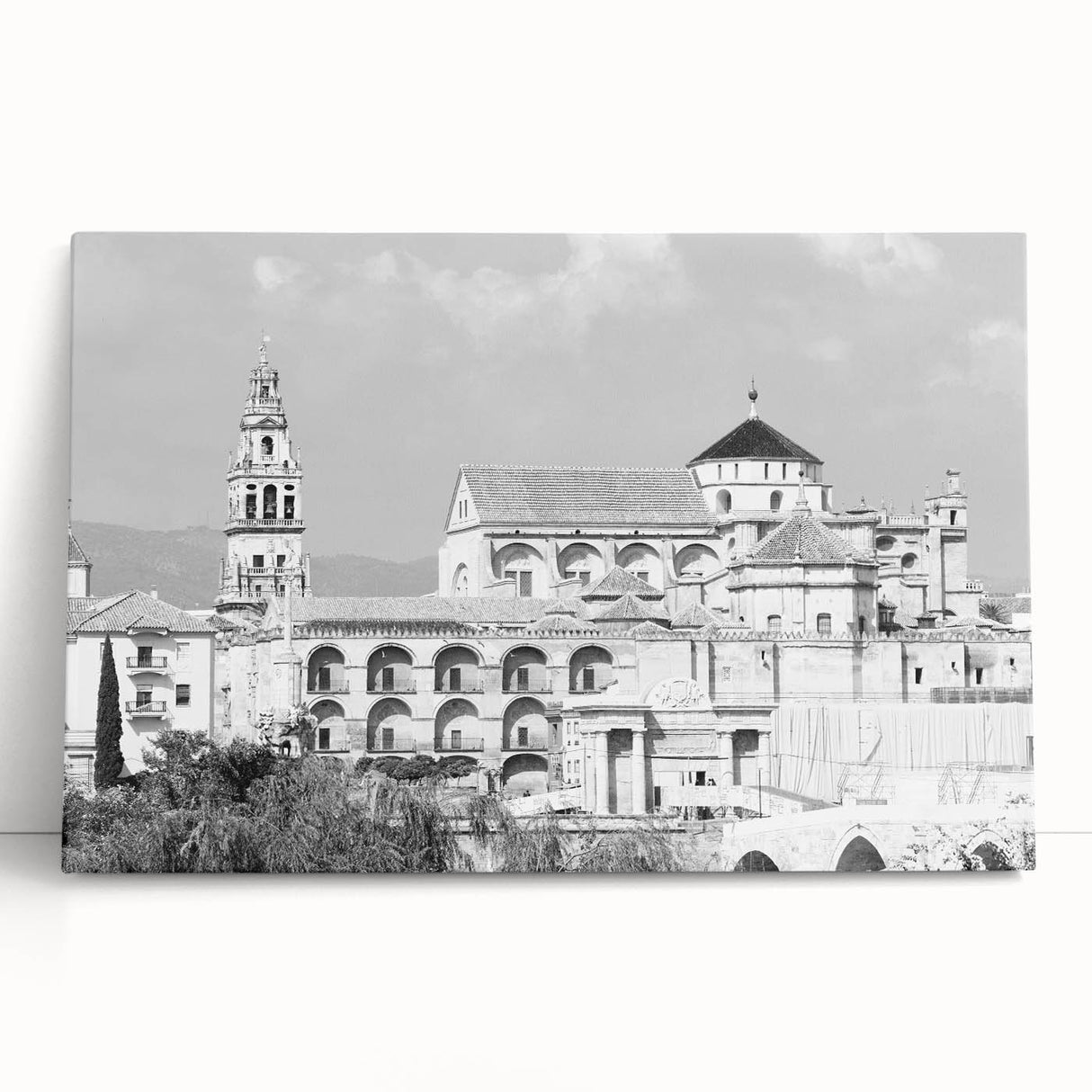 Black and white large art print of a mosque design on stretched canvas, ideal for kitchen wall art or bedroom decor.