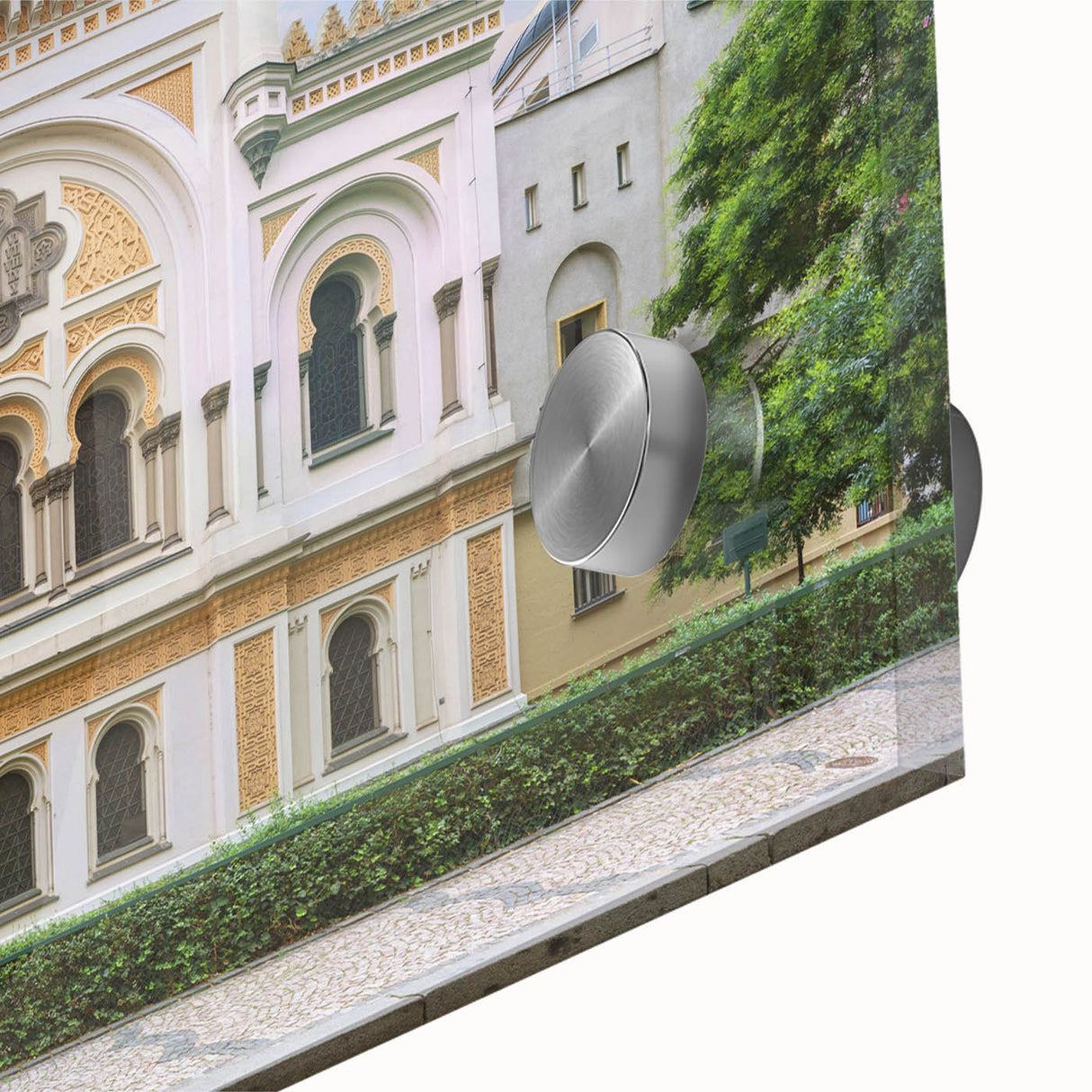 Mid-century modernist large abstract art print on acrylic glass, featuring geometric shapes in muted tones.