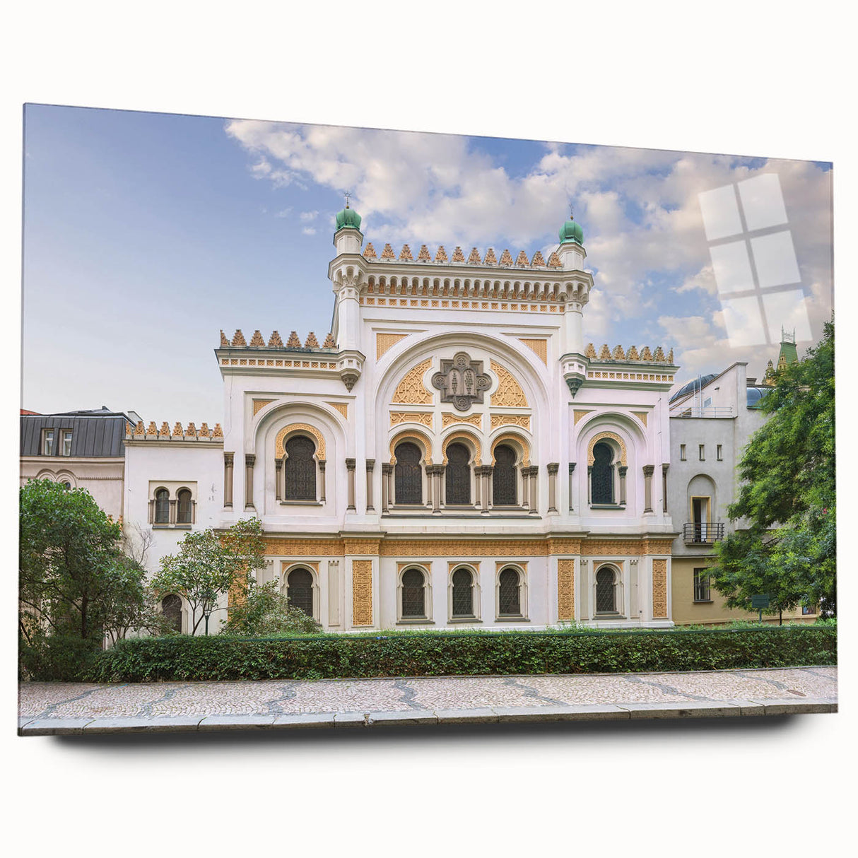 Large abstract wall art featuring a synagogue in muted earth tones on acrylic glass, ideal for bedroom or dining room decor.