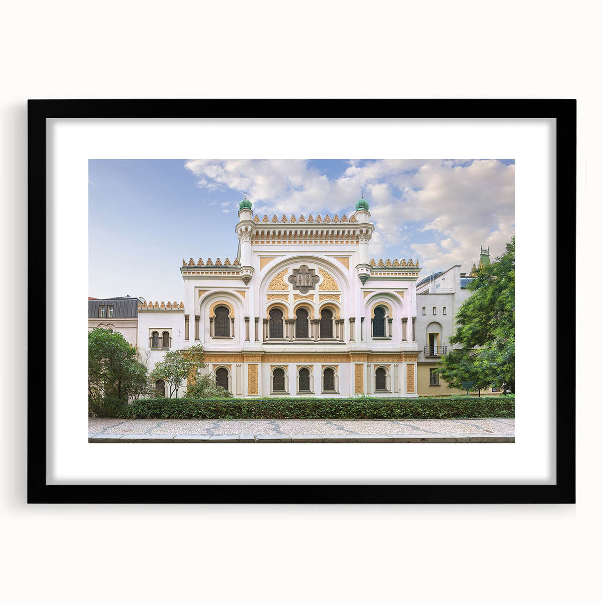Abstract art print of a colorful, textured synagogue design in a large black frame, ideal for living room decor.