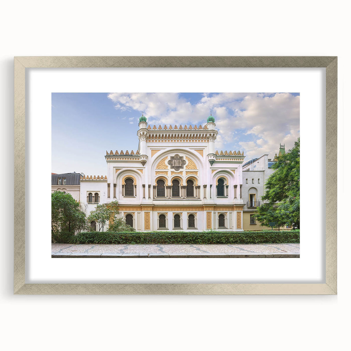 Abstract art print of a synagogue in muted gray and silver tones, framed with a silver mat, suitable for dining room decor.