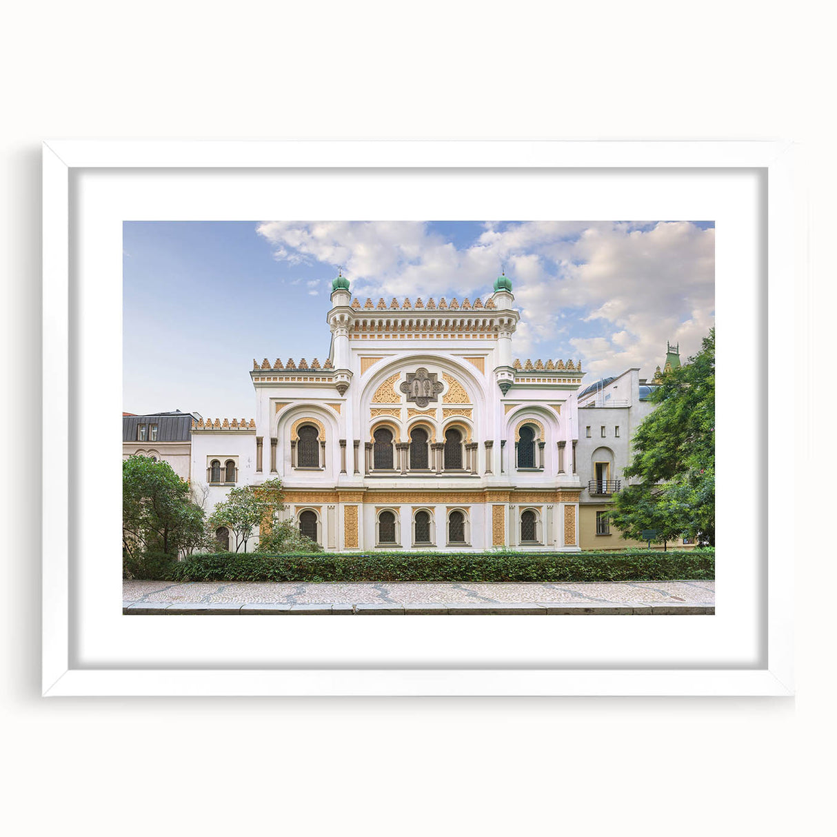 Extra large abstract art print of a synagogue in textured style with white frame, suitable for living room decor.