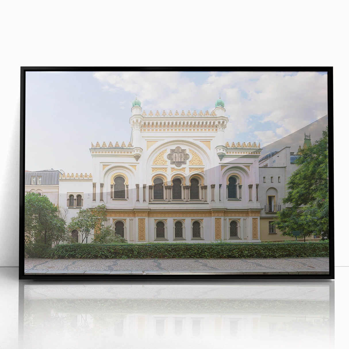 Large abstract wall art of a synagogue in mid-century modernist style, featuring muted earth tones on black framed acrylic.