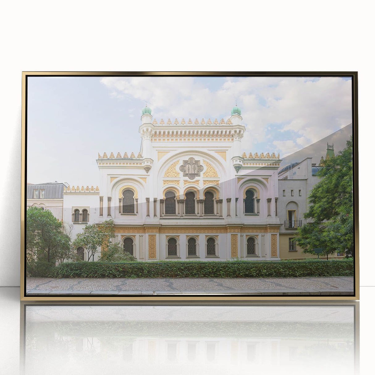 Mid-century modernist art of a synagogue in acrylic, with gold framing, suitable for nursery wall decor.