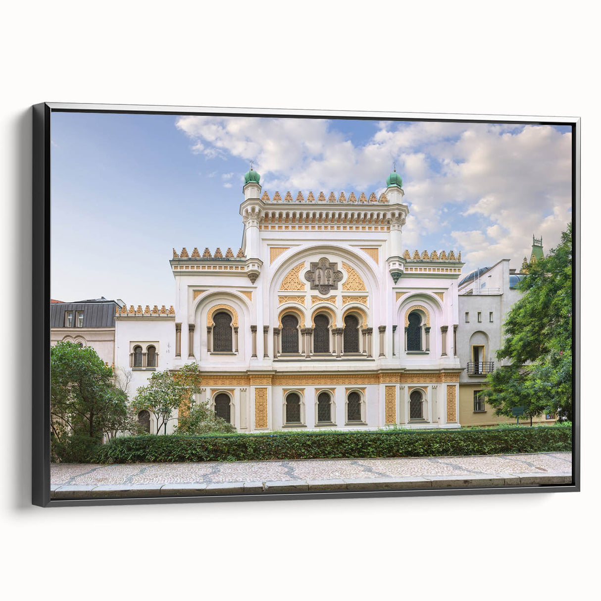 Black and white framed canvas of a vintage synagogue landscape, ideal for bedroom wall art.