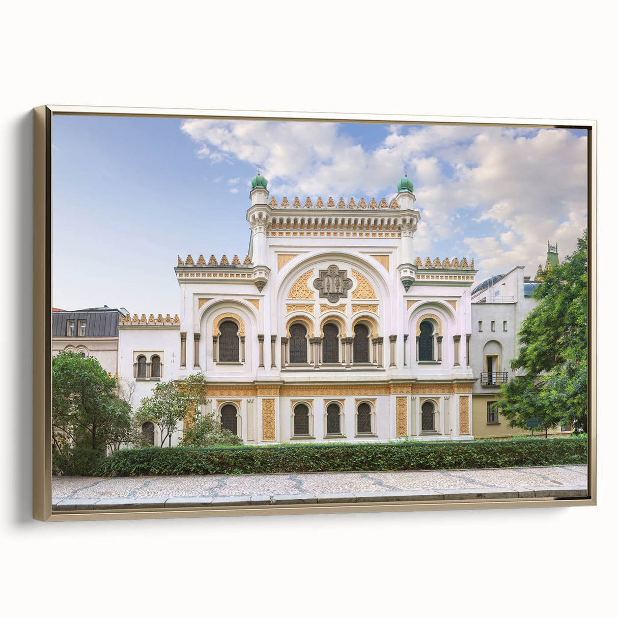 Framed canvas landscape art painting depicting a vintage synagogue in colorful art style.
