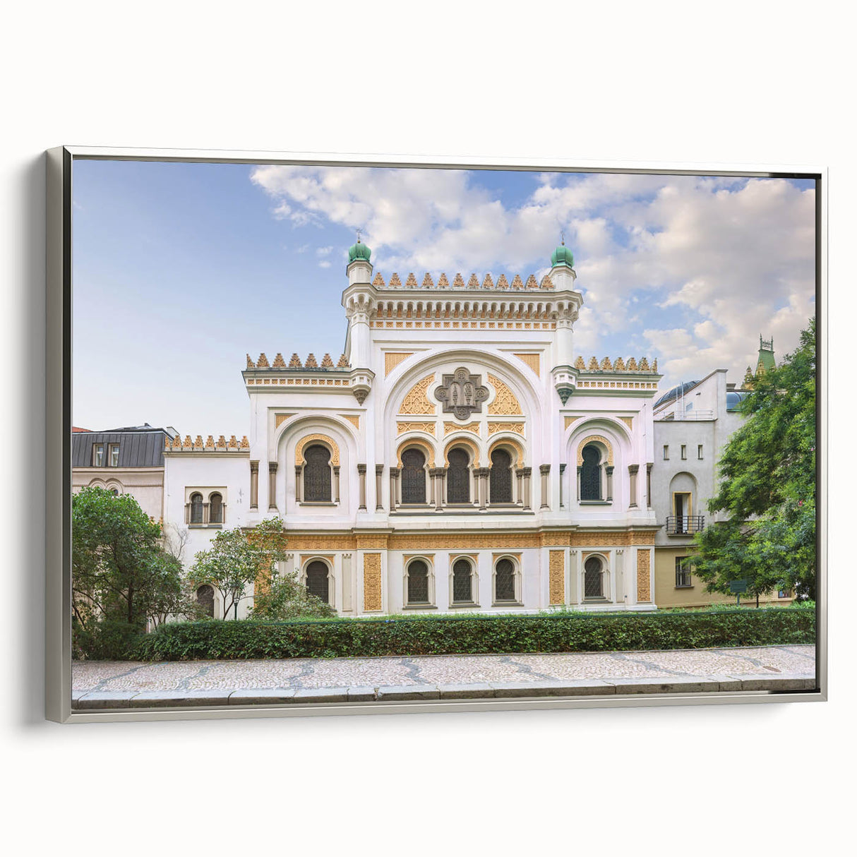 Vintage poster art of a synagogue in colorful pastel shades on a large framed canvas, ideal for living room decor.