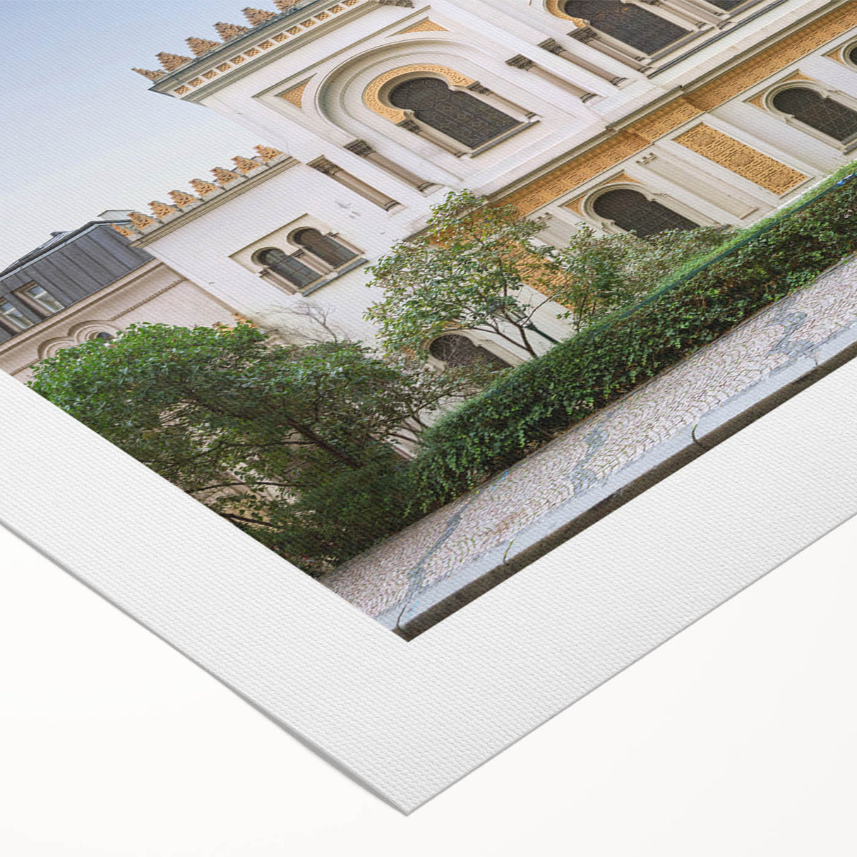 Art deco poster of a synagogue in muted gold and blue tones on rolled canvas, suitable for dining room wall art.