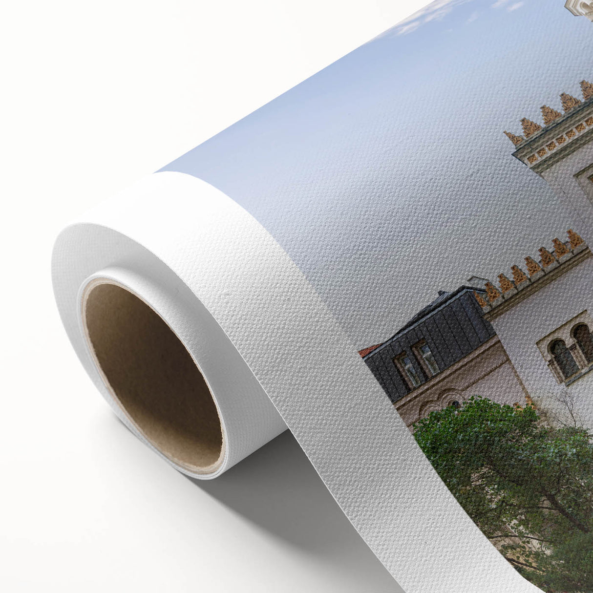 Art Deco poster of a synagogue in muted pastel shades on rolled canvas, ideal for nursery wall art or dining room decor.