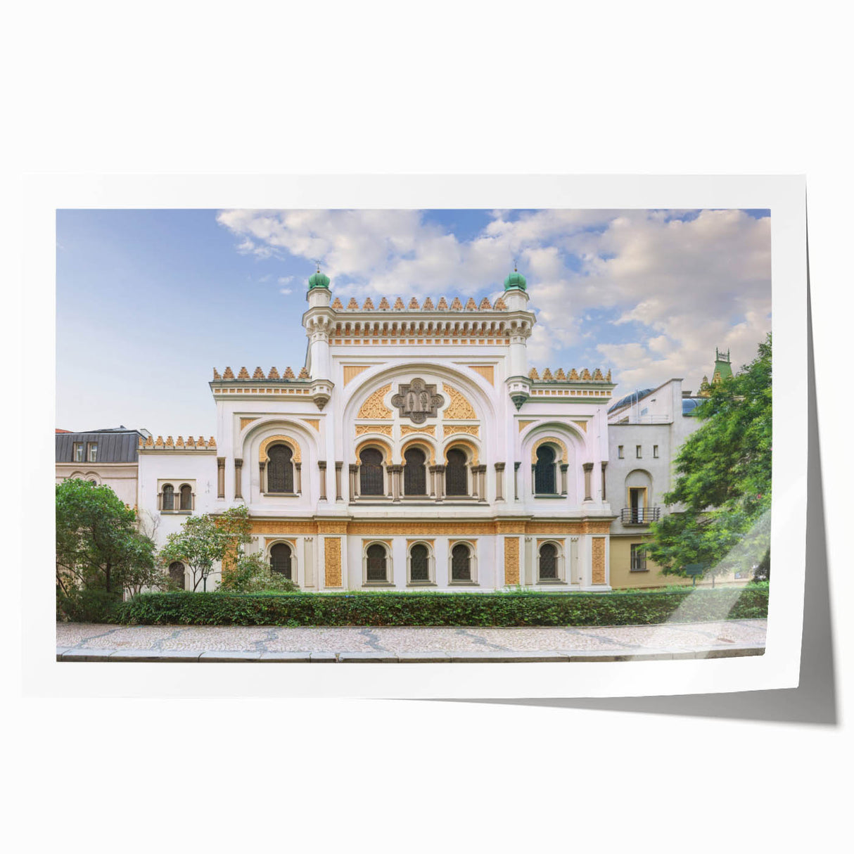 Rolled print of a synagogue with intricate floral designs in muted earth tones, suitable for art wall dining room.