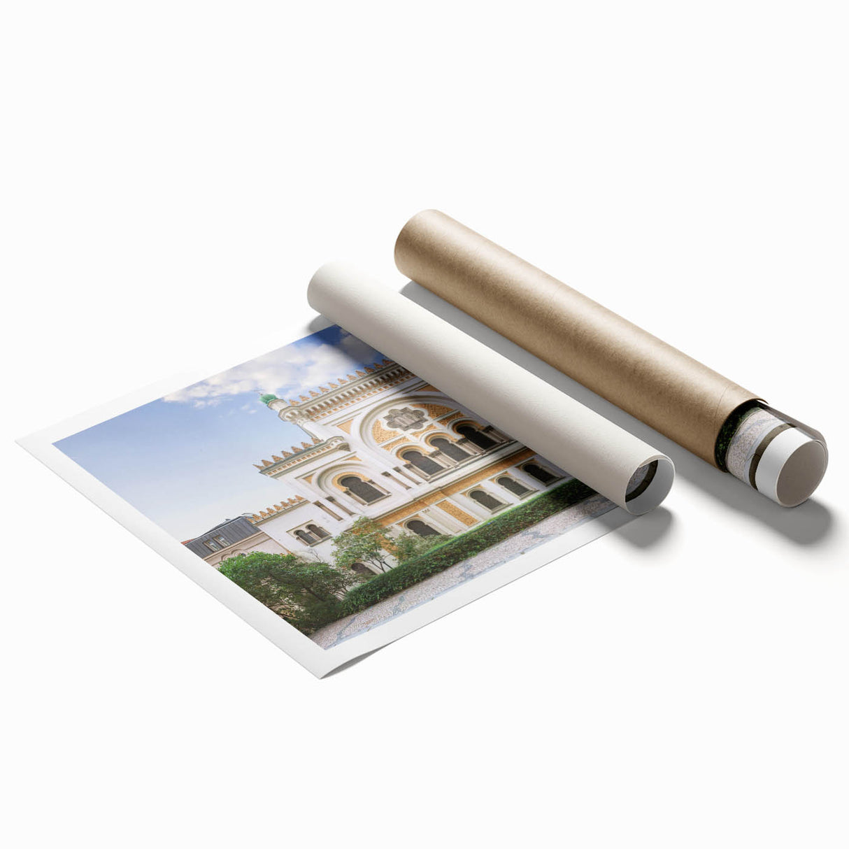 Extra large rolled print of a floral synagogue design in soft pastel shades, ideal for classy bathroom wall art.