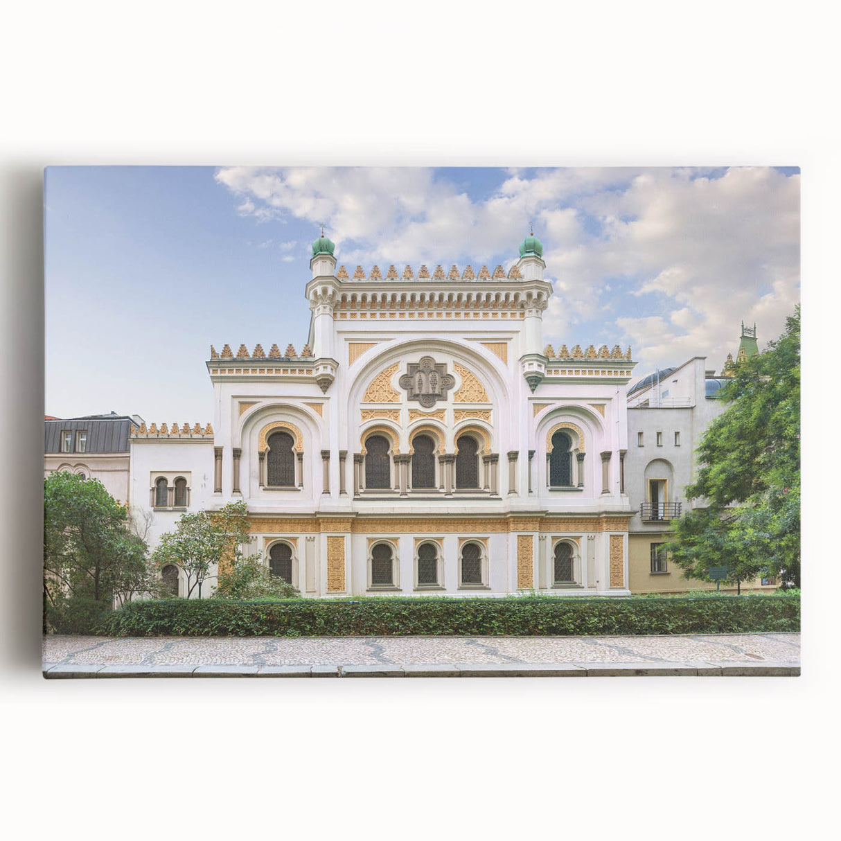 Black and white photo of a synagogue on stretched canvas, ideal for kitchen wall art.