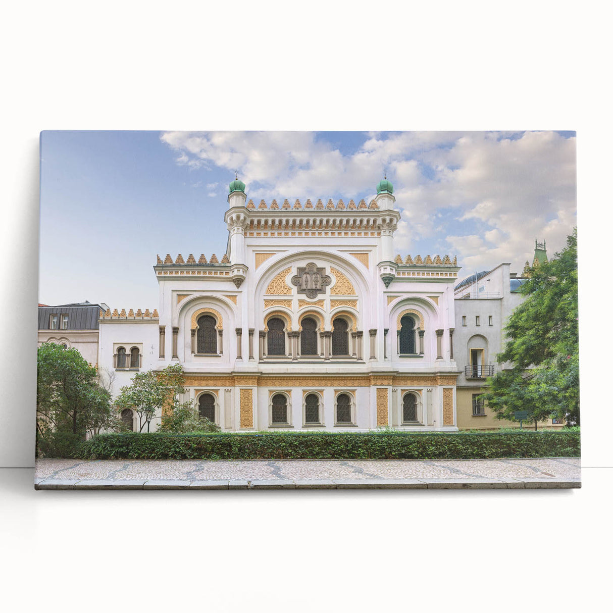 Black and white stretched canvas of a synagogue design, ideal for kitchen wall art or bedroom ambiance.