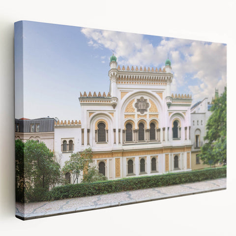 Large canvas print depicting a detailed synagogue design in muted earth tones, suitable for kitchen wall art.