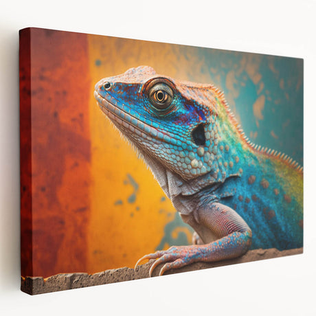 Colorful lizard-themed wall art on stretched canvas, showcasing vibrant reptile designs in a side view, perfect for home decor enthusiasts and animal lovers.