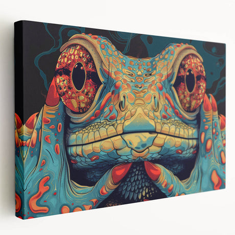 Side view of a stretched canvas wall art featuring a vibrant reptile lizard design, showcasing intricate details and bold colors, perfect for enhancing home decor.