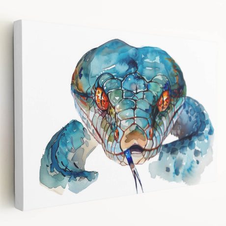 Side view of a stretched canvas wall art featuring a vibrant reptile snake design, showcasing intricate scales and bold colors, perfect for animal-themed decor.