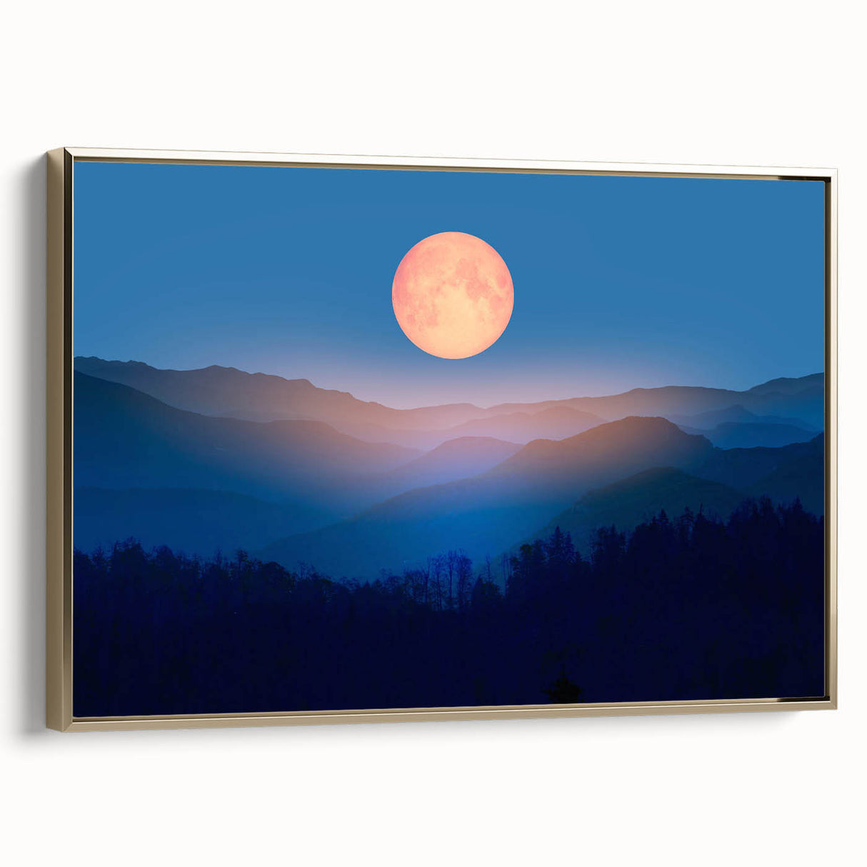 Golden Full Moon Over Misty Mountains – Elegant Celestial Wall Art