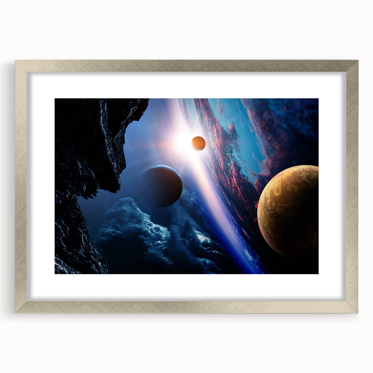 Planetary Sunrise and Moonscape Art - Cosmic Space Wall Decor