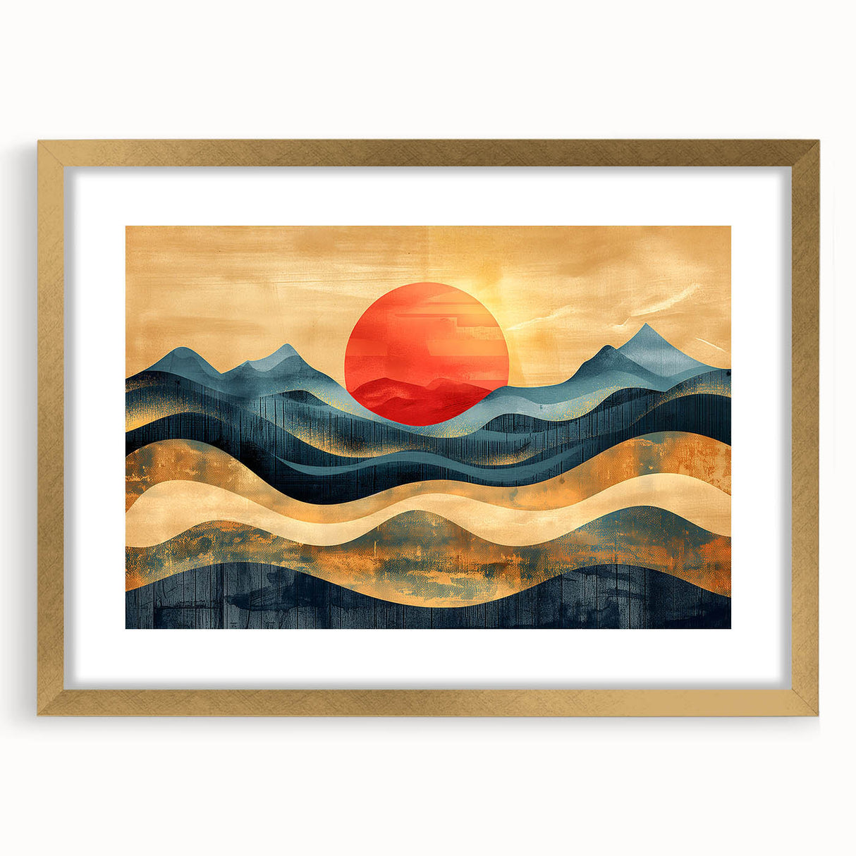 Abstract Red Sun and Waves – Modern Sun Wall Art with Bold Colors