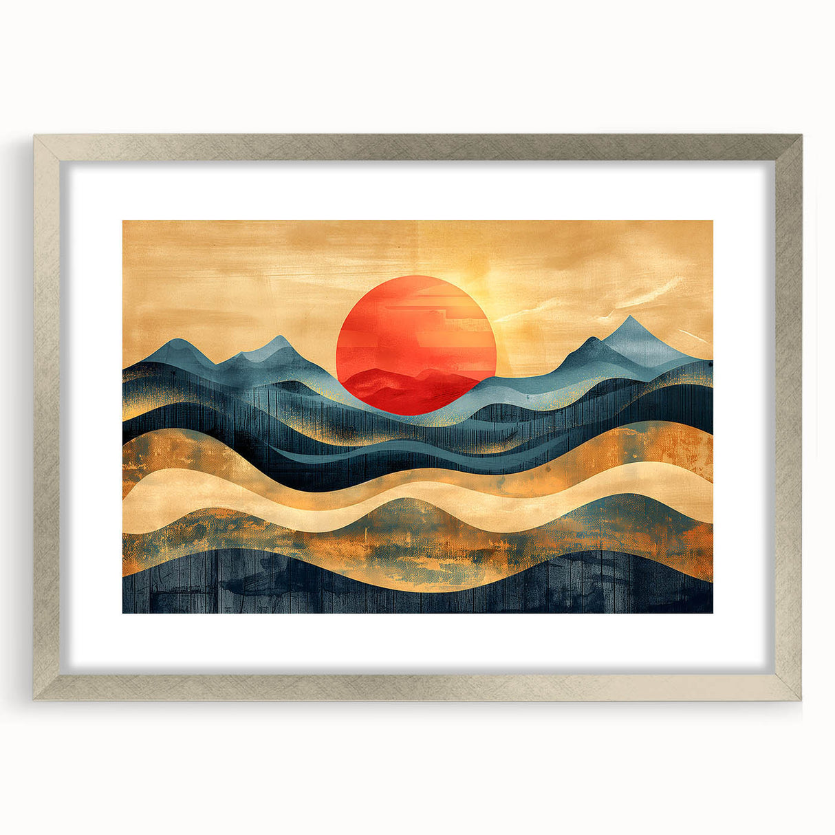 Abstract Red Sun and Waves – Modern Sun Wall Art with Bold Colors
