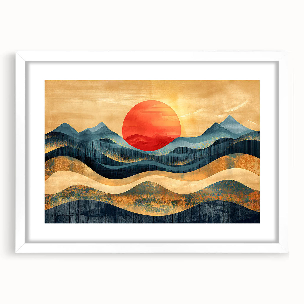 Abstract Red Sun and Waves – Modern Sun Wall Art with Bold Colors