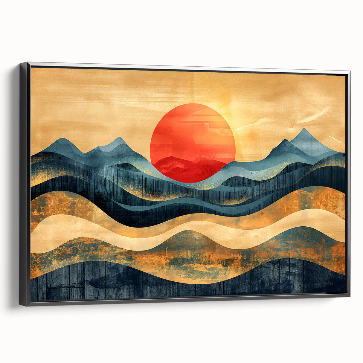 Abstract Red Sun and Waves – Modern Sun Wall Art with Bold Colors