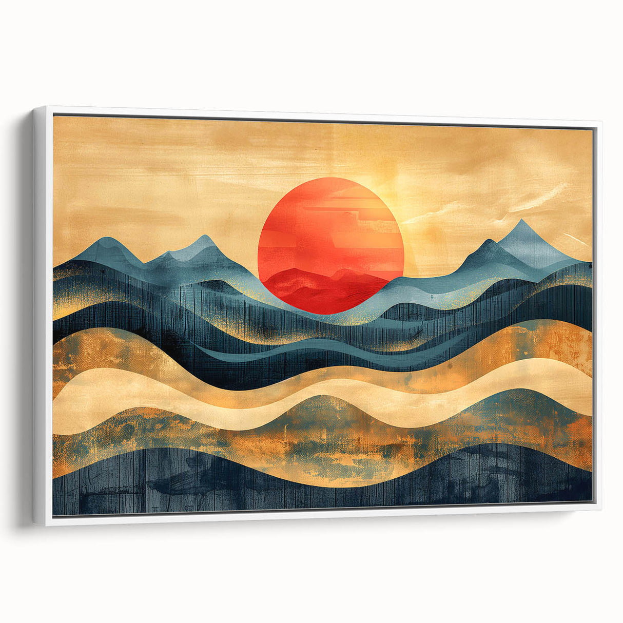 Abstract Red Sun and Waves – Modern Sun Wall Art with Bold Colors