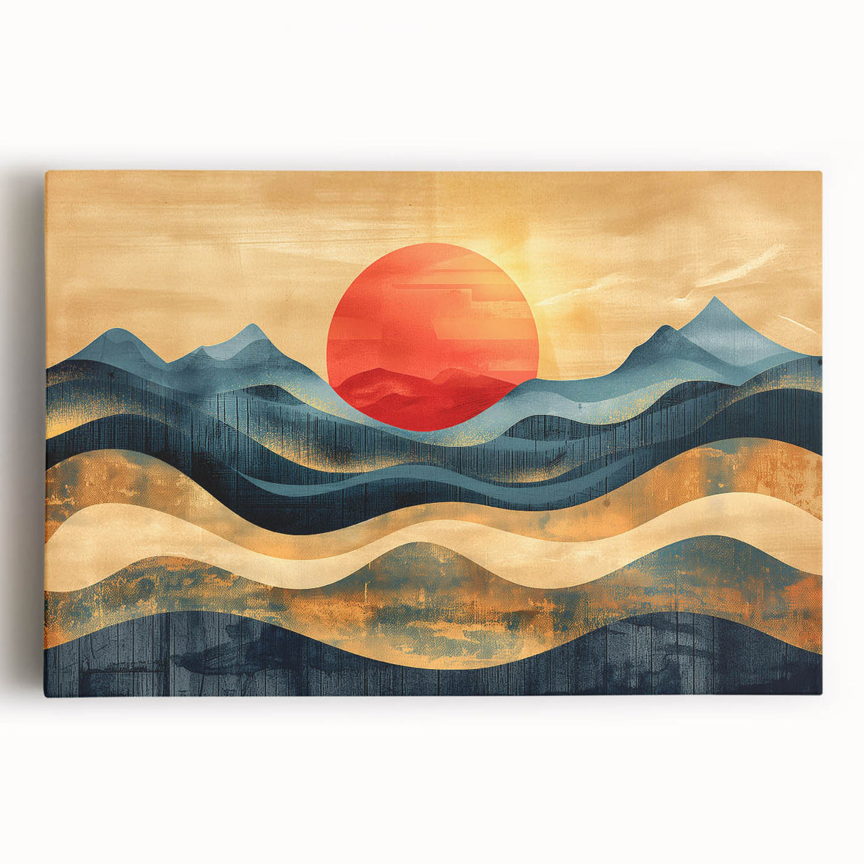 Abstract Red Sun and Waves – Modern Sun Wall Art with Bold Colors