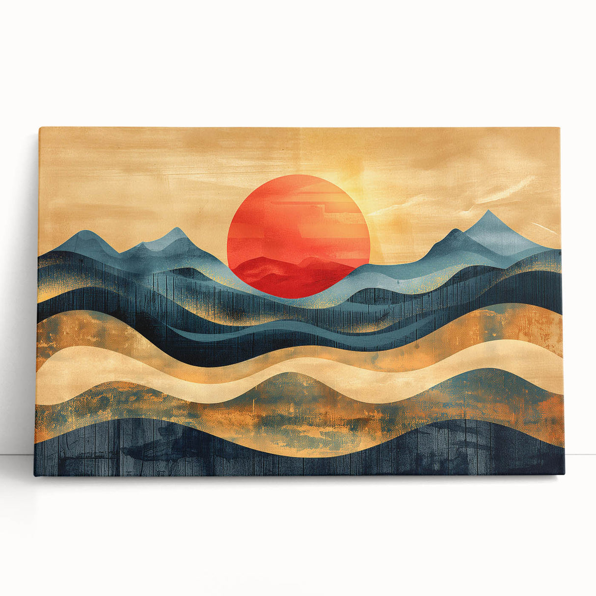 Abstract Red Sun and Waves – Modern Sun Wall Art with Bold Colors