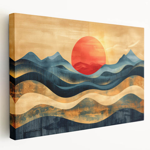 Abstract Red Sun and Waves – Modern Sun Wall Art with Bold Colors