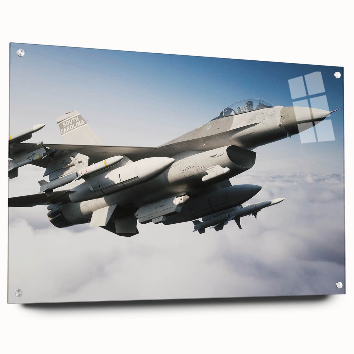 Acrylic print of a large abstract airplane design with blue and gray tones, ideal for bedroom or dining room decor.