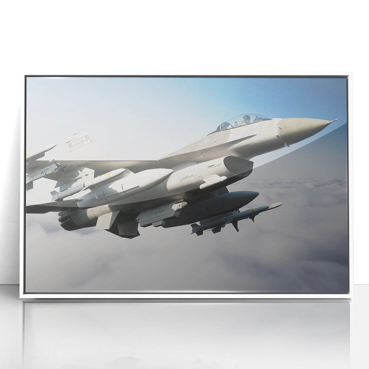 Mid-century modernist art deco airplane depicted in muted gray and blue tones on a framed acrylic.