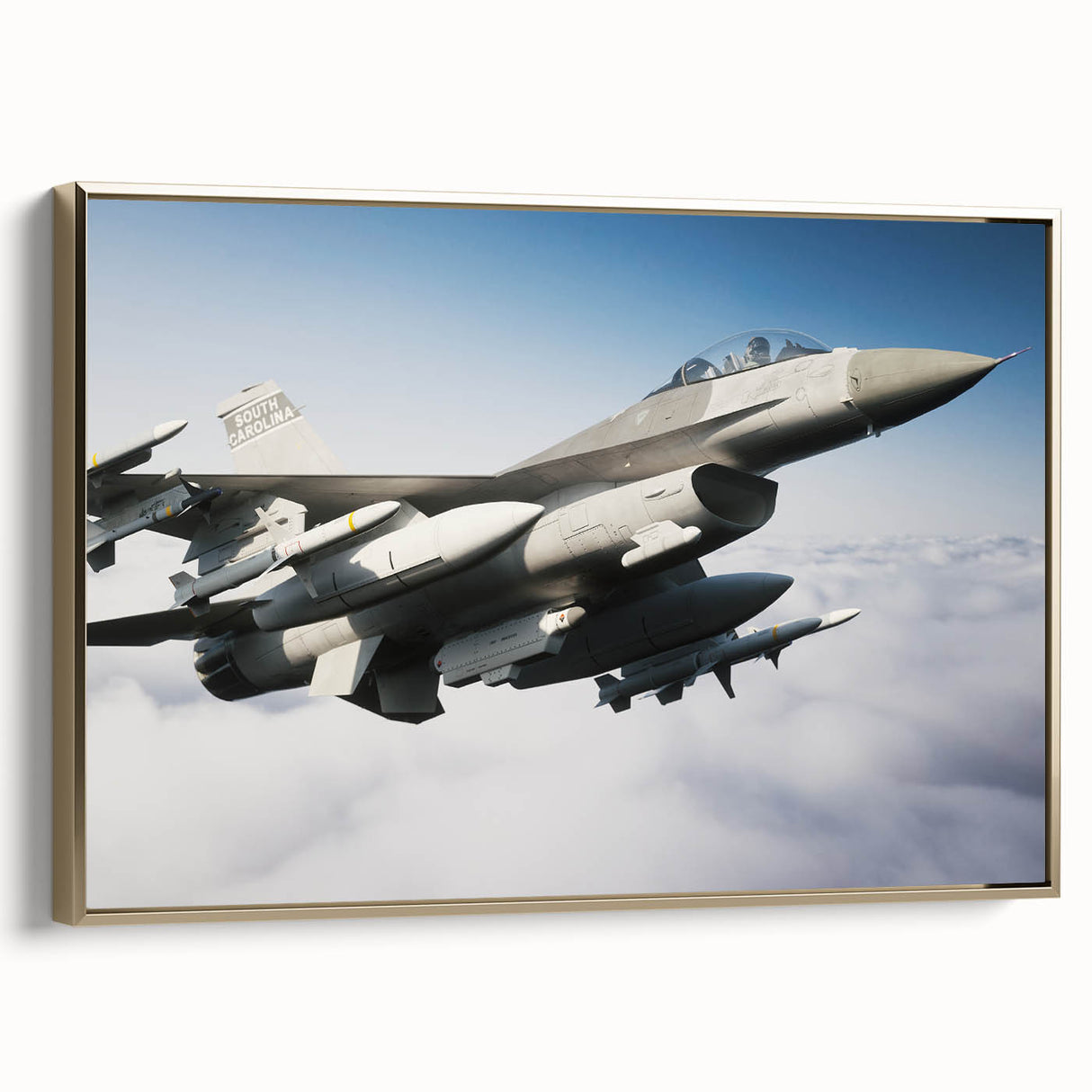 Framed canvas depicting a vintage airplane in gold and black, ideal for bedroom wall art.