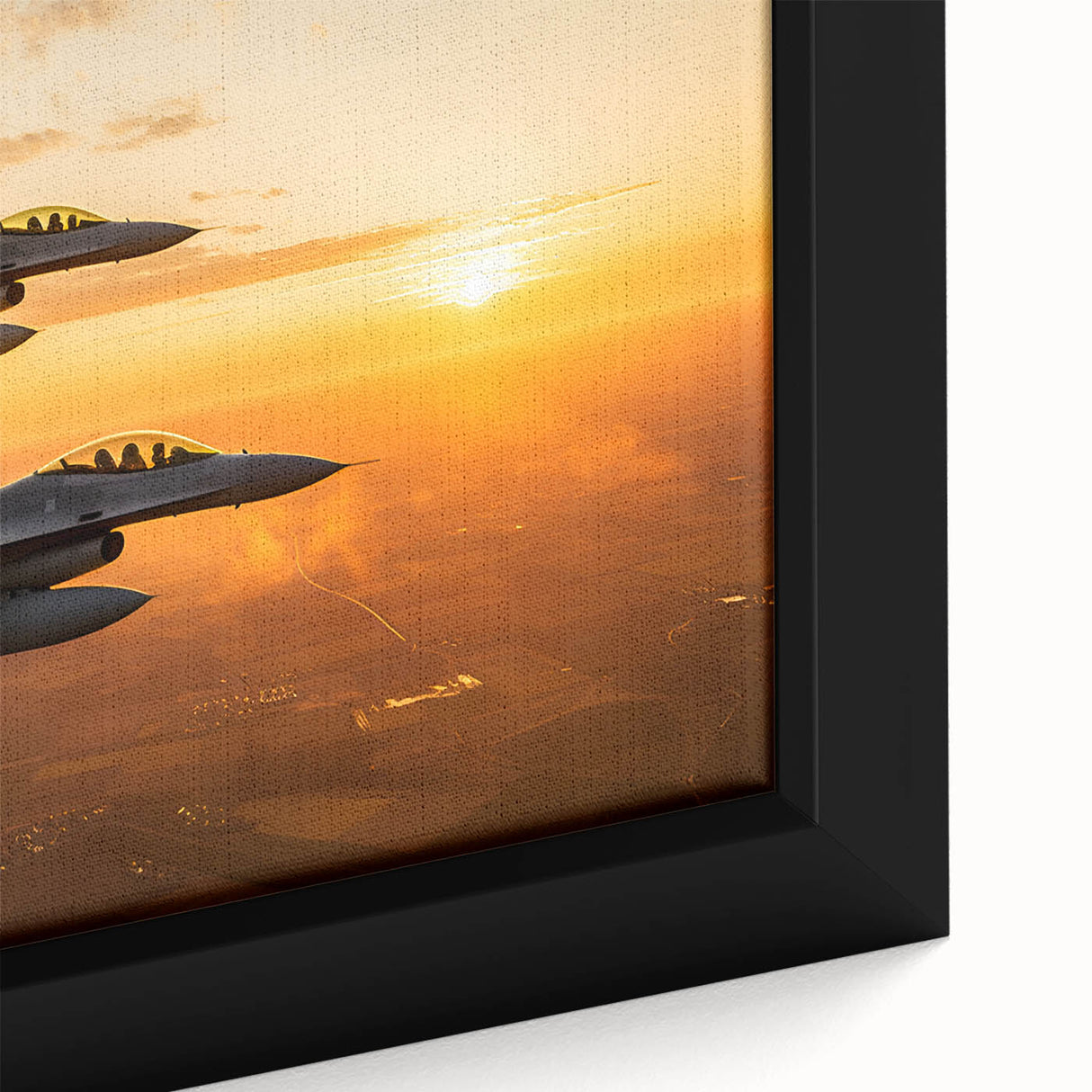 Framed canvas featuring a close-up of a black airplane with colorful, textured background.