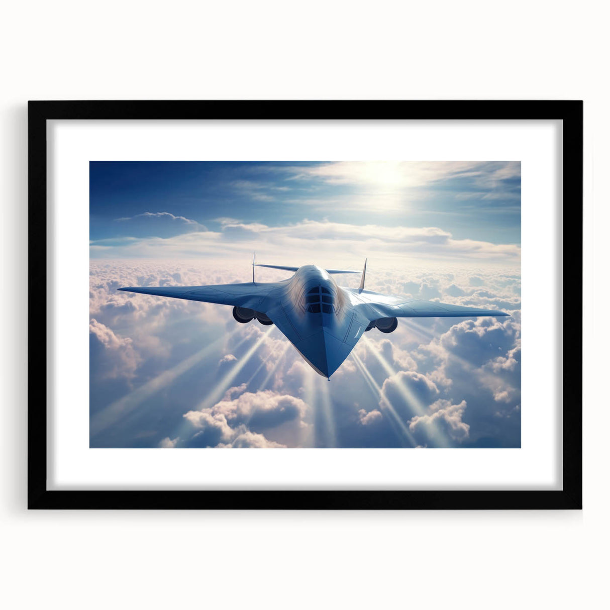 Abstract art print of colorful airplanes on textured canvas, framed in black, ideal for extra large wall art in living room.