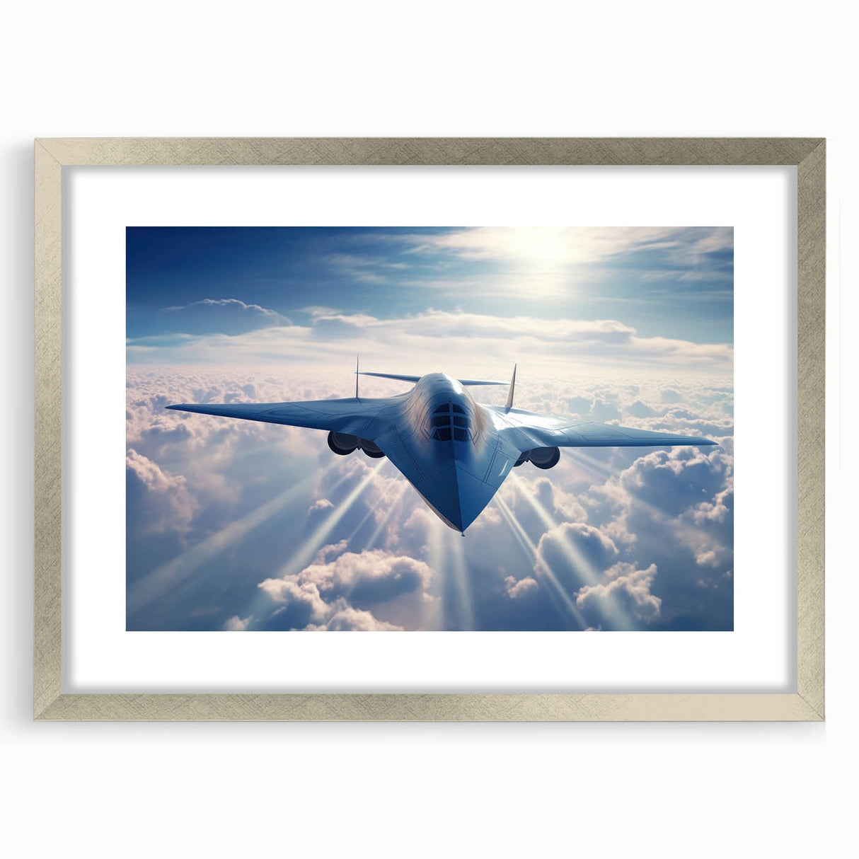 Abstract art print of a stylized airplane in silver and gray tones, framed with a silver mat.