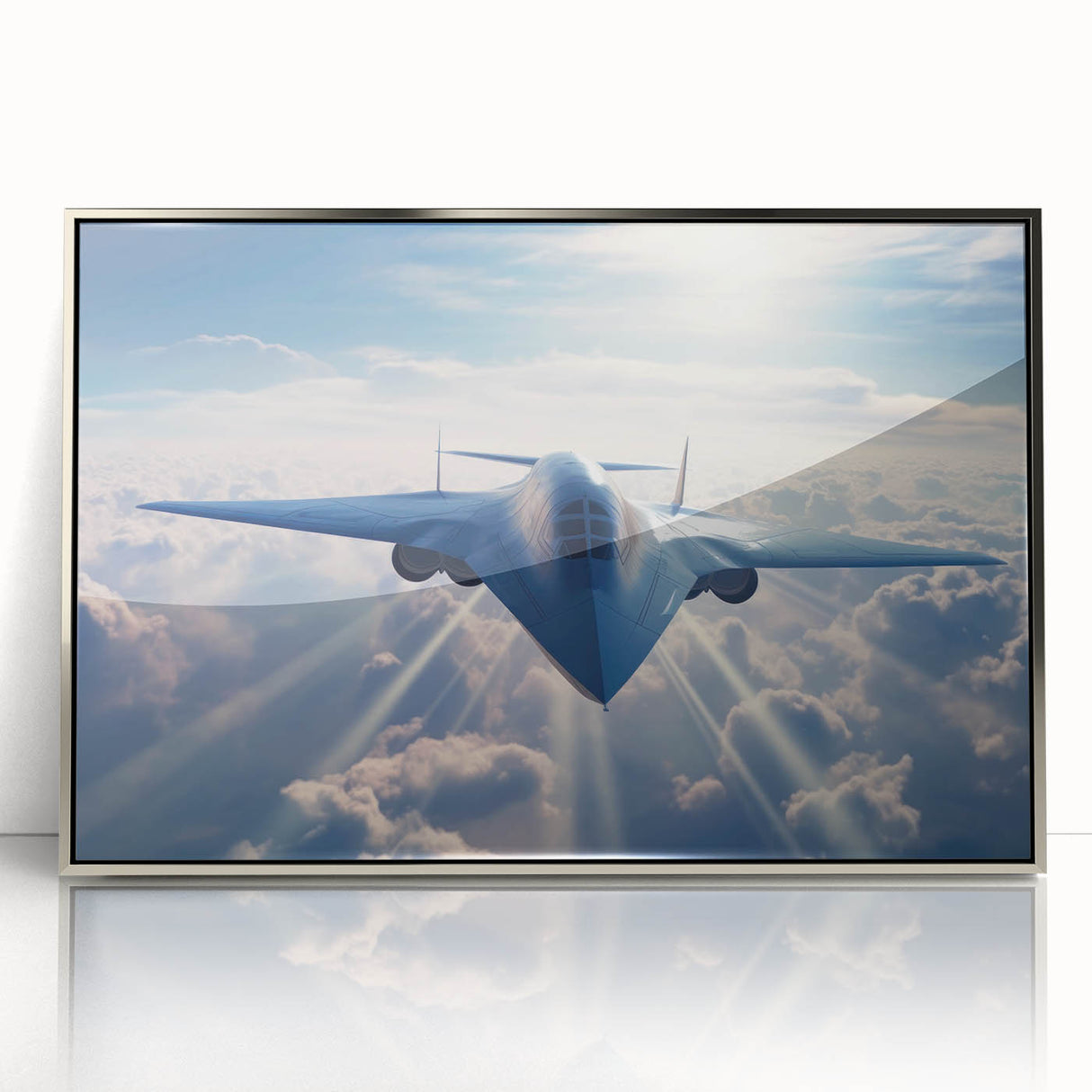 Mid-century modernist art of a vintage airplane in muted gray and blue tones, framed acrylic print.