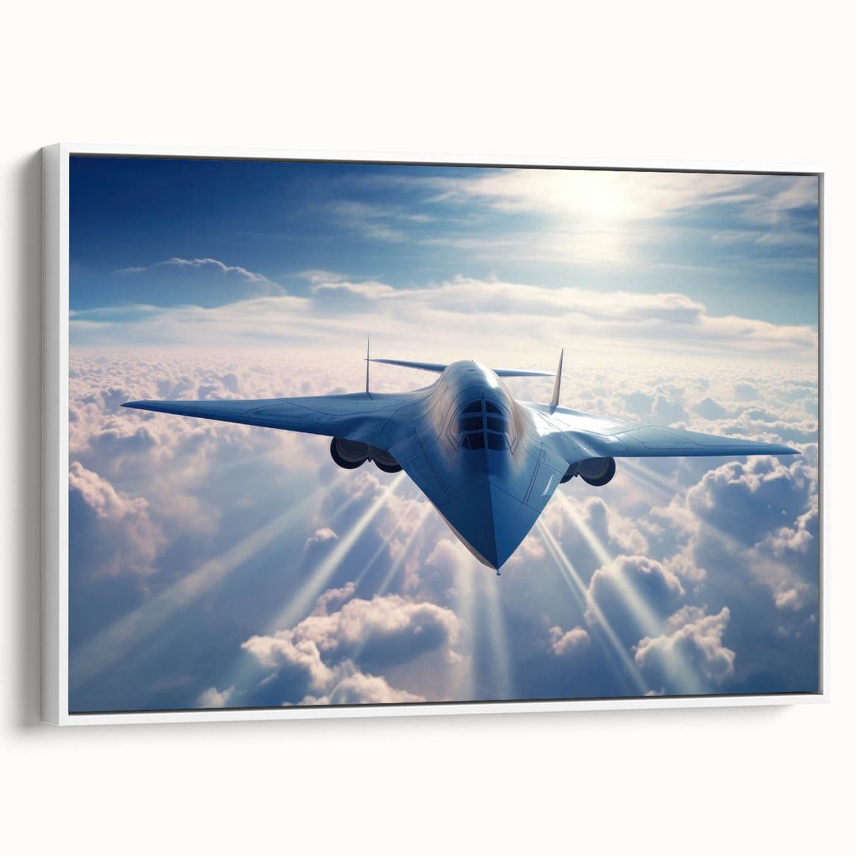 Vintage poster art of a black airplane in flight against a sunset landscape on a framed canvas, suitable for bedroom decor.