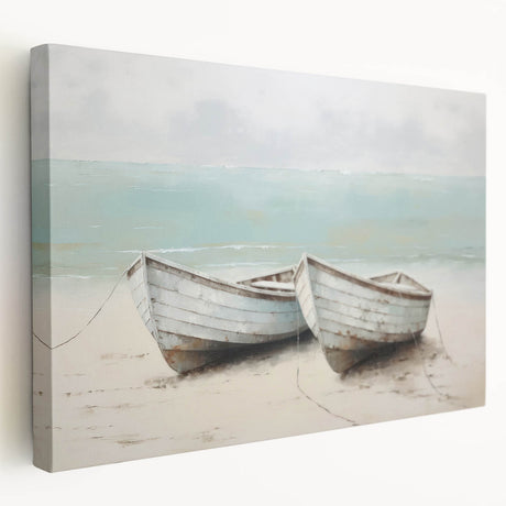 Side view of a rowboat on a stretched canvas, with muted blue and gray tones, ideal for kitchen wall art.