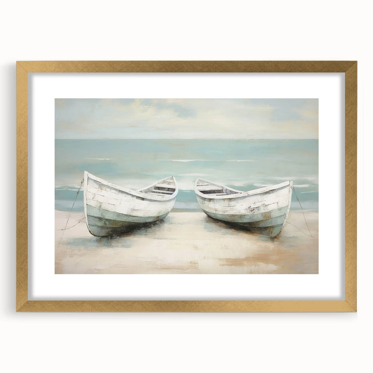 Textured abstract art print of a rowboat in muted blue and gray, framed in gold, ideal for bedroom wall decor.
